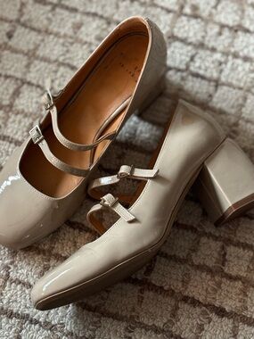 Sezane Soline Babies - Double-Strap Patent Block Heel Pumps in Taupe